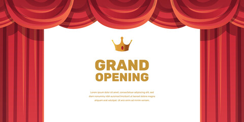 Grand opening poster with elegant cartoon drapery red curtain stage theatre with golden crown
