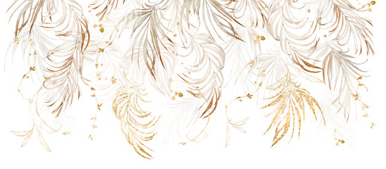  Tropical Beige design -  watercolor exotic leaves. Arrangement with palm branch
