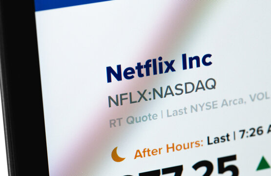 Netflix stocks stock ticket (NFLX) on display notebook closeup. Netflix is an international leading subscription service for watching TV episodes and movies. Batumi, Georgia - March 4, 2022