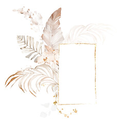 Tropical seamless frame. Beige background design - template with watercolor exotic leaves
