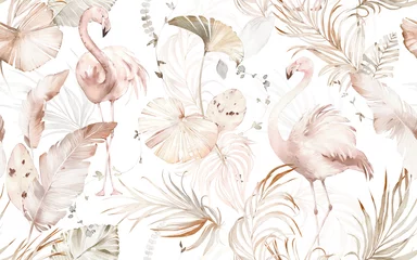 Wall murals Flamingo seamless watercolor pattern with tropical leaves, branches. Botanical tile with flamingo, background.