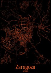 Black and orange halloween map of Zaragoza Spain.This map contains geographic lines for main and secondary roads.