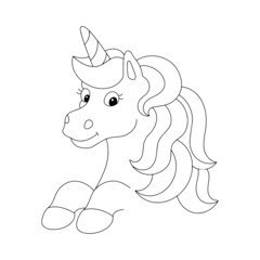 Coloring book page for kids. Unicorn with a lush mane. Cartoon style character. Vector illustration isolated on white background.