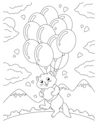 A cat in love flies with a gift in balloons. Coloring book page for kids. Valentine's Day. Cartoon style character. Vector illustration isolated on white background.