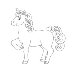 Beautiful unicorn with flowers in the tail and mane. Coloring book page for kids. Cartoon style character. Vector illustration isolated on white background.