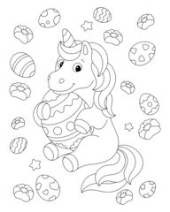 Unicorn and Easter. Coloring book page for kids. Cartoon style character. Vector illustration isolated on white background.