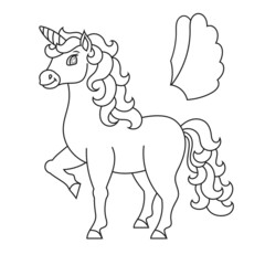 Cute unicorn with wings. Magic fairy horse. Coloring book page for kids. Cartoon style. Vector illustration isolated on white background.