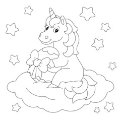 Cute unicorn and easter egg. Coloring book page for kids. Cartoon style character. Vector illustration isolated on white background.