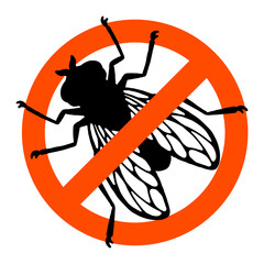 Fly insect. Prohibition sign. Black silhouette. Design element. Vector illustration isolated on white background. Template for repellent.