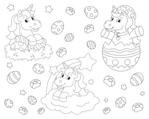 Easter funny unicorns. Coloring book page for kids. Cartoon style character. Vector illustration isolated on white background.