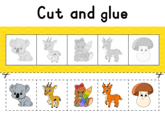 Cut and glue. Color activity worksheet for kids. Game for children. Cartoon character. Vector illustration.