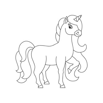 A beautiful unicorn with a lush mane and tail. Coloring book page for kids. Cartoon style character. Vector illustration isolated on white background.