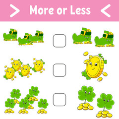 Fototapeta na wymiar More or less. Educational activity worksheet for kids and toddlers. Isolated color vector illustration in cute cartoon style. St. Patrick's day.