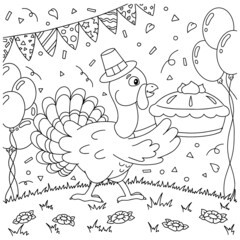 Cute turkey. Coloring book page for kids. Cartoon style character. Vector illustration isolated on white background.