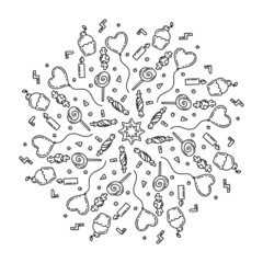 Abstract mandala. Coloring book page for kids and adult. Vector illustration isolated on white background.