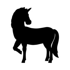 Magic fairy unicorn. Cute horse. Black silhouette. Design element. Vector illustration isolated on white background. Template for books, stickers, posters, cards, clothes.