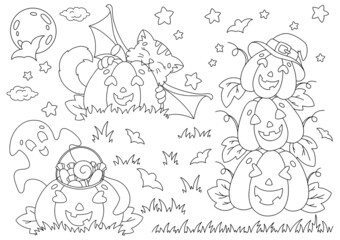 Set of funny pumpkins, bat, stars. Coloring book page for kids. Halloween theme. Cartoon style character. Vector illustration isolated on white background.