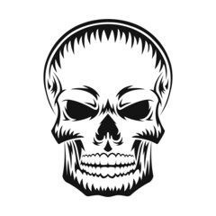 Human skull. Black silhouette. Design element. Hand drawn sketch. Vintage style. Vector illustration isolated on white background.