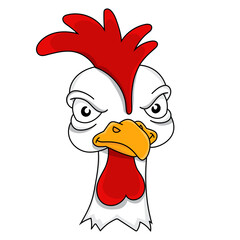 Angry rooster. Displeased poultry. Team mascot. Cartoon style. Colored vector illustration.