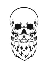 Human skull with beard and mustache. Black silhouette. Design element. Hand drawn sketch. Vintage style. Vector illustration.