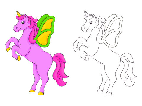 The unicorn with wings reared up. Coloring book page for kids. Cartoon style character. Vector illustration isolated on white background.