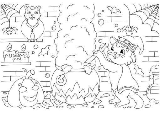 The cat brews a potion in the dungeon in a large cauldron. Coloring book page for kids. Cartoon style character. Vector illustration isolated on white background.