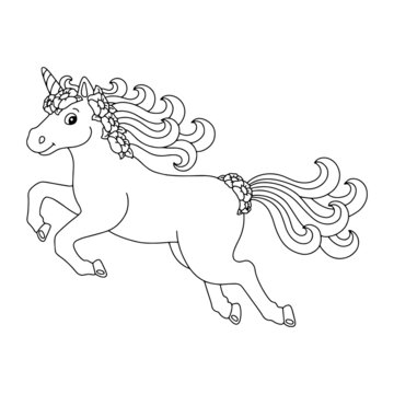 Unicorn with flowers in the mane and tail. Coloring book page for kids. Cartoon style character. Vector illustration isolated on white background.