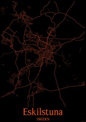 Black and orange halloween map of Eskilstuna Sweden.This map contains geographic lines for main and secondary roads.