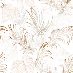 Crédence de cuisine en verre imprimé Feuilles tropicales motif harmonieux d& 39 aquarelle avec des feuilles tropicales, des branches de palmier. Tuile botanique, arrière-plan.