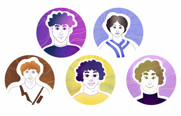 Guys avatars set. Lovely curly guys. Smiling men. Round highlights. Hand drawn illustration.