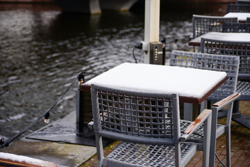 Streets, parks, cafes, and restaurants under the snow in April, Leiden, Netherlands