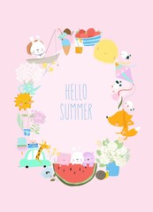 Fototapeta premium Cute Cartoon Wreath with Animals meeting Summer