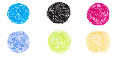 multicolored circles drawn with oil pencils isolated on white background