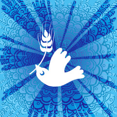 illustration of a white peace dove with an ear of wheat in its beak on a blue and light blue background with rays with an ornament