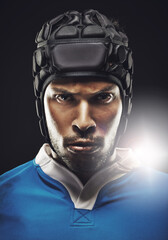 Game on. Cropped studio portrait of a determined young rugby player.