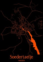 Black and orange halloween map of Soedertaelje Sweden.This map contains geographic lines for main and secondary roads.