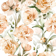 seamless floral watercolor pattern with garden pink flowers roses, peonies, leaves, branches. Botanic tile, background.