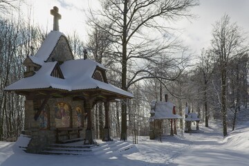  Hostyn. 7th to 5th stop Jurkovic Stations of the Cross in winter. East Moravia. Europe.