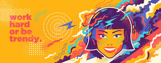 Moidern abstract illustration with female portrait and colorful splashing shapes. Vector illustration. © Radoman Durkovic