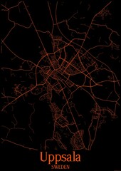 Black and orange halloween map of Uppsala Sweden.This map contains geographic lines for main and secondary roads.