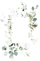 Watercolor invitation design with leaves. frame, wreath with eucalyptus, herbs. botanic Template