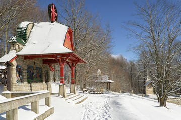  Hostyn. 13th to 10th stop Jurkovic Stations of the Cross in winter. East Moravia. Europe