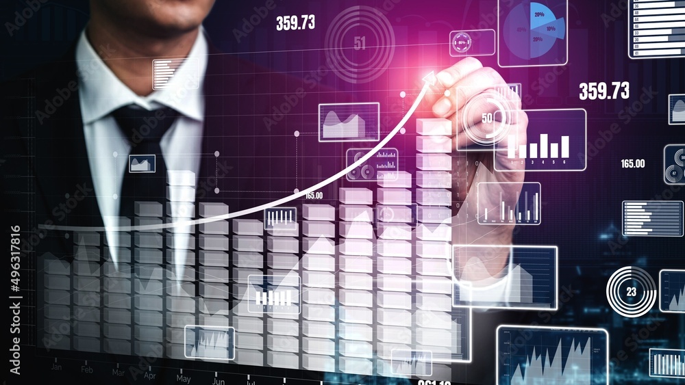 Poster double exposure image of business and finance conceptual - businessman with report chart up forward 
