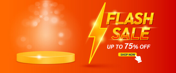 Shopping poster flash sale banner with yellow thunder sign Special Offer Sale 75% Off campaign or promotion. Template design for social media with blank product podium scene. On red background vector 