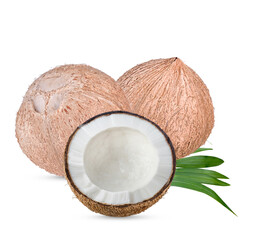 Fresh raw coconut set with palm leaves isolated on white background high resolution image ..