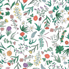 Hand drawn seamless pattern of blooming flowers and leaves. Floral colorful summer collection. Decorative doodle illustration for greeting card, wallpaper, wrapping paper, fabric, packaging