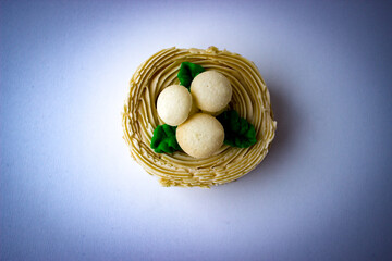 Cake in form of felled stump with mushrooms