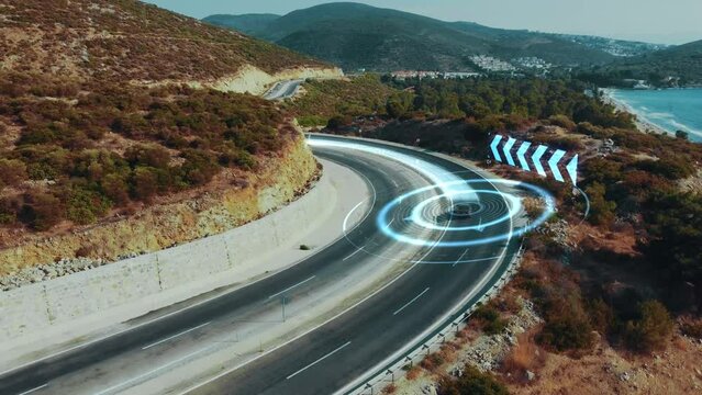Self-driving autonomous vehicle direction change warning system. Sensors monitoring of the road and traffic. Visualization of the GPS system scanning the trajectory. Transportation of the future. High
