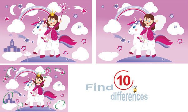 A happy princess rides a Unicorn. Find 10 differences, vector image. Educational game for children.