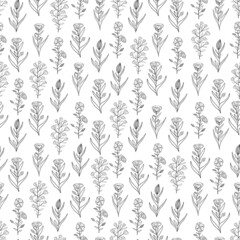 Hand drawn seamless pattern of blooming flowers and leaves. Floral summer collection. Decorative doodle illustration for greeting card, wallpaper, wrapping paper, fabric, packaging